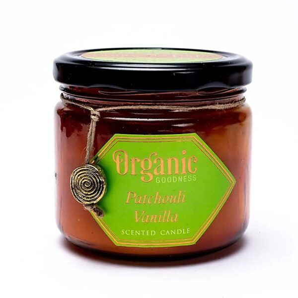 Organic-Goodness-Patchouli-Vanilla-soju-vasko-zvake-200g-stikliniame-indelyje.jpg Mahedad Sojavahast küünlad Organic Goodness Patchouli Vanilla