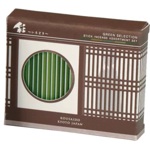 Jaapani viirukid Kousaido Irodori Green Selection komplekt 5 rohelise looduslõhna ja viirukihoidjaga Kyoto machiya kinkekarbis