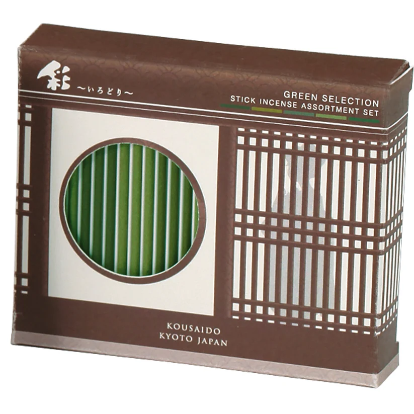Jaapani viirukid Kousaido Irodori Green Selection komplekt 5 rohelise looduslõhna ja viirukihoidjaga Kyoto machiya kinkekarbis