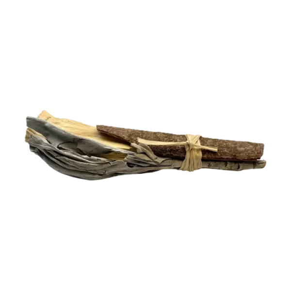 Palo Santo pulk, valge salvei ja kaneel looduslikus kimbus, pikkus umbes 10 cm ja kaalub ligikaudu 30 g