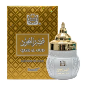 Surrati Qasr Al Oud Bakhoor koos kuldse kinkekarbi ja stiilse valge purgiga