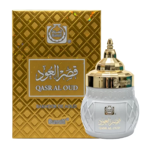 Surrati Qasr Al Oud Bakhoor koos kuldse kinkekarbi ja stiilse valge purgiga