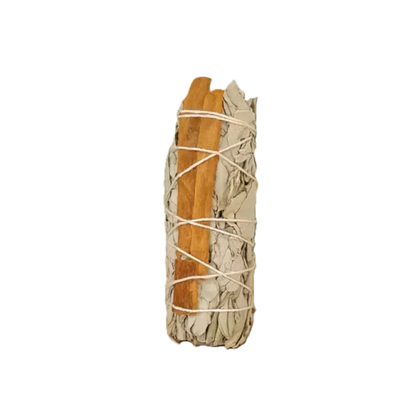 Valge salvei ja kaneel – suitsutuskimp (umbes 10 cm, 30 g) Valge salvei ja kaneel looduslikus suitsutuskimbus, pikkus umbes 10 cm ja kaalub ligikaudu 30 g