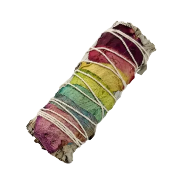 Valge salvei ja tšakra õielehed – suitsutuskimp (umbes 10 cm, 50 g) Valge salvei ja tšakra õielehed looduslikus suitsutuskimbus, pikkus umbes 10 cm ja kaalub ligikaudu 50 g